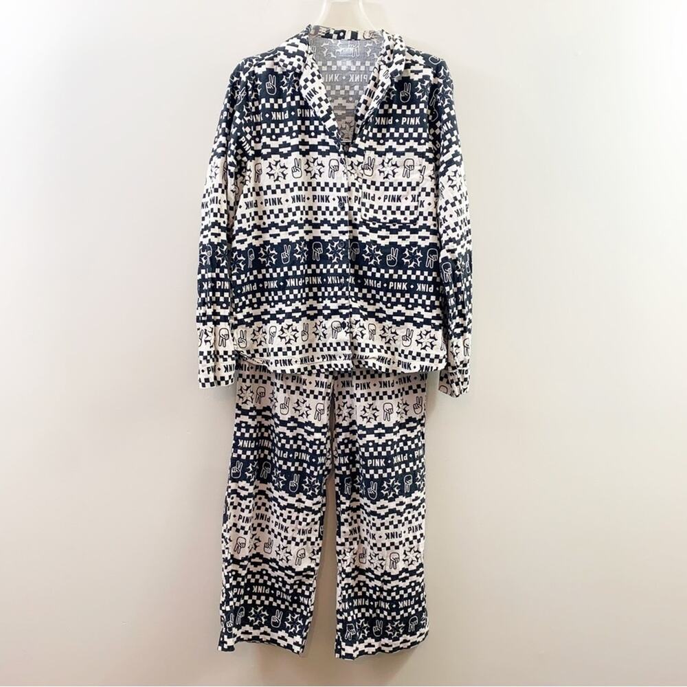 PINK Victoria’s Secret Peace Sign Black/Cream Button Down Two Piece Pajama Set